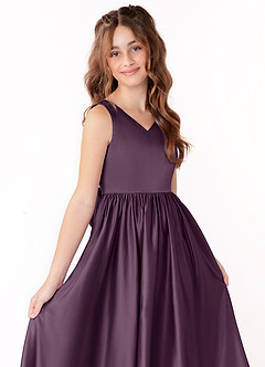 Azazie Hathaway Junior Vestido Ameixa de Cetim elástico de Linha A com Arco image5