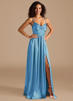 Azazie Zeya Bridesmaid Dresses Steel Blue A-Line Pleated Metallic Satin Dress image6