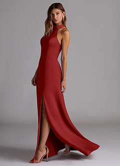 Azazie Myra Robes de demoiselle d'honneur Robe Trapèze en Satin extensible Fente Latérale Grenade image5