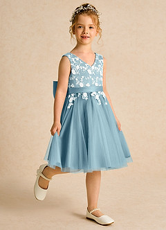 Azazie Butterfly Flower Girl Dresses Moody Blue A-Line Lace Dress image3