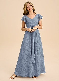 Azazie Omari Junior Dusty Blue A-Line Pleated Floral Burnout Dress image1