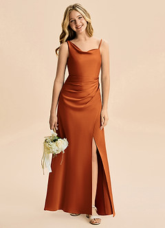 Azazie Abby Junior Vestido de Canela de Satén Elástico de Corte en A con Plisado image1