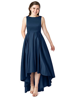 Azazie Inaya Junior Dark Navy A-Line with Belt Stretch Satin Dress image1