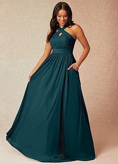 Azazie Hillian Vestidos de damas de honor Vestido de Pino de Malla de Corte en A con Halter Plisado image1