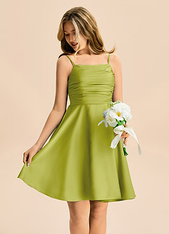 Azazie Miko Junior Lemongrass A-Line Pleated Stretch Satin Dress image4