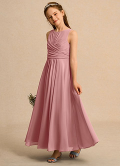 Azazie Ducky Girls Formal Robe Demoiselle D'honneur Fillette Robe Trapèze en Mousseline de soie Plissé Rose Poussiéreuse image5