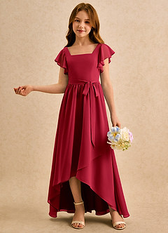 Azazie Milly Girls Formal 플라워 걸 드레스 A라인 주름진 쉬폰 비대칭 드레스 image4