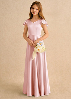 Azazie Nari Girls Formal Sukienki dla dziewczynek sypiących kwiaty Linia A z rękawami Satyna elastyczna Długość podłogi Sukienka image4