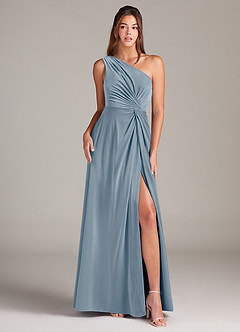 Azazie Brooke Bridesmaid Dresses Dusty Blue A-Line One Shoulder Velvet Dress image1