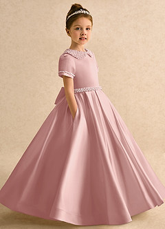Azazie Gabriella Flower Girl Dresses Rose Gold Ball-Gown with Sleeves Matte Satin Dress image3