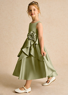 Azazie Hermia vestidos de niña de las flores Vestido de Musgo Verde de Satin Mate de Corte En A con Sin mangas image4