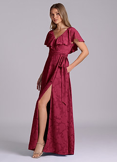 Azazie Lainey Bridesmaid Dresses Burgundy A-Line with Pockets Floral Burnout Dress image6