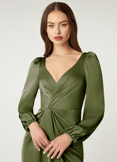 Azazie Mel Bridesmaid Dresses Olive Sheath Long Sleeve Stretch Satin Dress image5