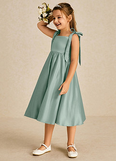 Azazie Chelsie Flower Girl Dresses Silver Sage A-Line Bow Matte Satin Dress image4