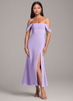 Azazie Saige Robes de demoiselle d'honneur Robe Fourreau Convertible en Mousseline de soie Épaule décolletée Lilas image1