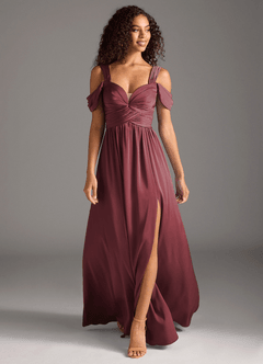 Azazie Lianne Bridesmaid Dresses Merlot A-Line Off the Shoulder Stretch Satin Dress image2