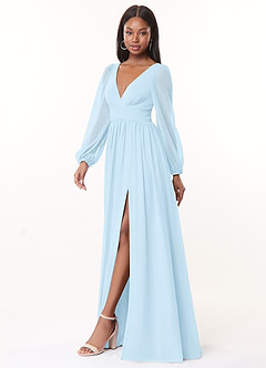 Azazie Norah Bridesmaid Dresses Sky Blue A-Line V-Neck Long Sleeve Chiffon Dress image4
