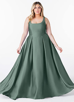 Azazie Neve Bridesmaid Dresses Sea Moss Ball-Gown with Pockets Stretch Satin Dress image9