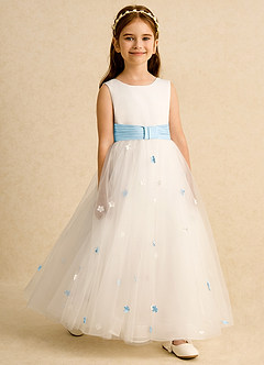 Azazie Cricket vestidos de niña de las flores Vestido de Marfil Azul Cielo de Satin Mate de Princesa con Plisado image3