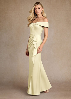 Azazie Laredo Mother of the Bride Dresses Lemon Sorbet Mermaid Off the Shoulder Stretch Satin Dress image5