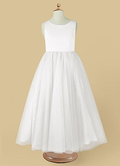 Azazie Muni Flower Girl Dresses White A-Line Bow Tulle Dress image3