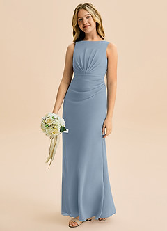 Azazie Floris Junior Robe Trapèze en Mousseline de soie Plissée Bleu Poussiéreux image1