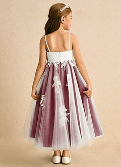 Azazie Coraline Flower Girl Dresses Ivory Burgundy A-Line Lace Dress image2