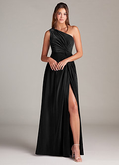 Azazie Brooke Vestidos de damas de honor Vestido de Negro de terciopelo de Corte en A con Hombro unilateral image4