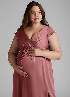 Azazie Allessia Maternity Bridesmaid Dresses A-Line Pleated Stretch Satin Floor-Length Dress image13