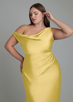 Azazie Emerson Bridesmaid Dresses Canary Mermaid Off the Shoulder Stretch Satin Dress image12