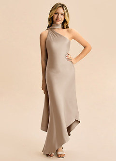 Azazie Briony Junior Etui Plissee Stretch-Satin Kleid Taupe image3