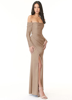 Azazie Hallie Bridesmaid Dresses Taupe Sheath Off-The-Shoulder Long Sleeve Stretch Satin Convertible Dress image5