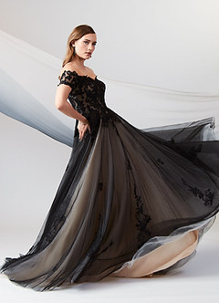 Azazie Rowe Wedding Dresses Black Champagne Ball-Gown Off the Shoulder Tulle Dress image10