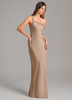 Azazie Monroe Bridesmaid Dresses Taupe Mermaid One Shoulder Stretch Satin Dress image5