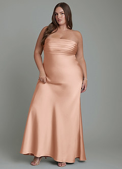 Azazie Saylor Vestidos de damas de honor Vestido Oro Rosa de Satén Elástico de Corte Sirena con Palabra de honor image11
