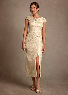 Azazie Alpine 신부의 어머니 드레스 A라인 주름진 플로럴 자카드 티 길이 드레스 image3