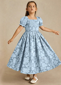 Azazie Joss Flower Girl Dresses Sky Blue A-Line with Sleeves Floral Burnout Dress image3