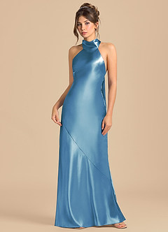 Azazie Velli 신부 들러리 드레스 쉬스 하이넥 메탈릭 새틴 바닥 길이 드레스 image3