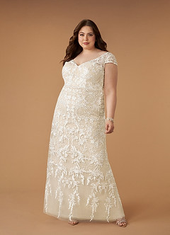 Azazie Devonna Wedding Dresses Diamond White Champagne Sheath V-Neck Sequins Lace Dress image6