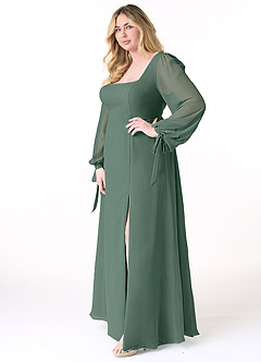 Azazie Leonia Bridesmaid Dresses Sea Moss A-Line Long Sleeve Chiffon Dress image10