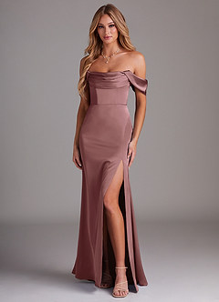Azazie Saige Bridesmaid Dresses Vintage Mauve Sheath Off the Shoulder Stretch Satin Dress image1