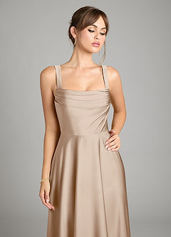 Azazie Shaude Bridesmaid Dresses Taupe A-Line Pleated Stretch Satin Dress image3