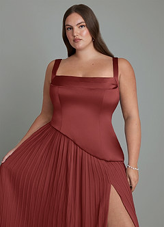 Azazie Stephanie Bridesmaid Dresses Terracotta A-Line Pleated Stretch Satin Dress image9