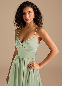 Azazie Zeya Bridesmaid Dresses Dusty Sage A-Line Pleated Metallic Satin Dress image3