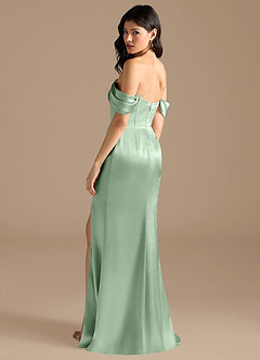 Azazie Lynden At-home Try On Dresses Auburn Sheath Off the Shoulder Metallic Satin Convertible Dress image3