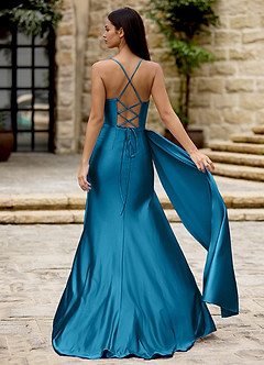 Drape Blue Satin Prom Dress image2