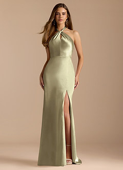 Azazie Tracie Bridesmaid Dresses Moss Green A-Line Pleated Metallic Satin Dress image1