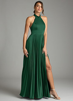 Azazie Zienna 신부 들러리 드레스 A라인 주름진 스트레치 새틴 바닥 길이 드레스 image1