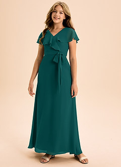 Azazie Lainey Junior Abito A-Line in Chiffon Con Tasche Verde Pavone image4