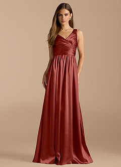 Azazie Keyla Bridesmaid Dresses Terracotta A-Line Pleated Metallic Satin Dress image1